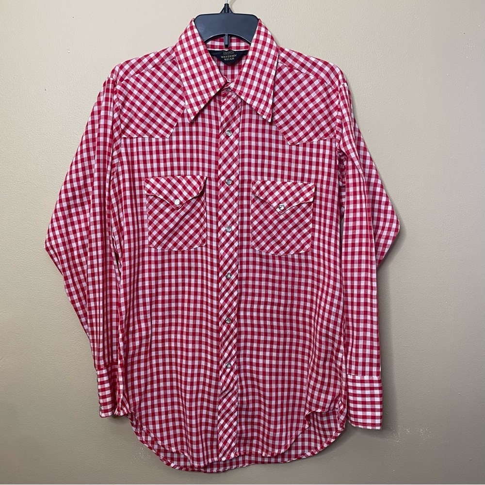 Sears Western Wear Shirt Size Medium Red Gingham Plaid Pearl Snap Vintage 70s